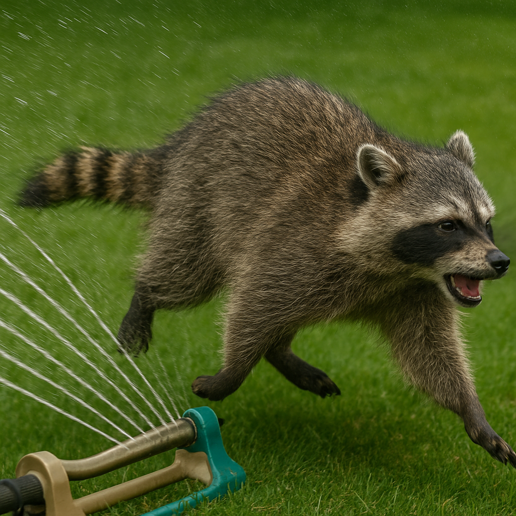 raccoon being sprayed by motion activated sprinkler