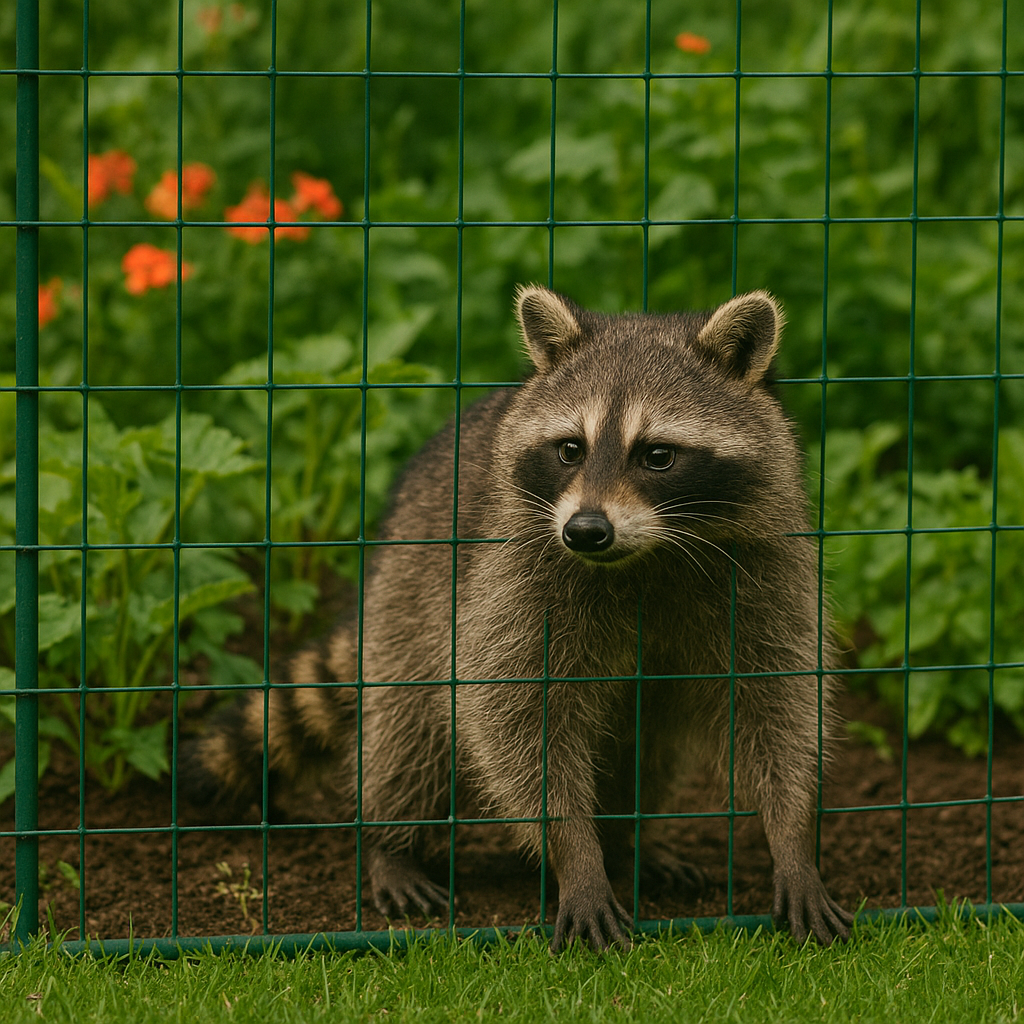 Raccoon being blocked from entering a garden