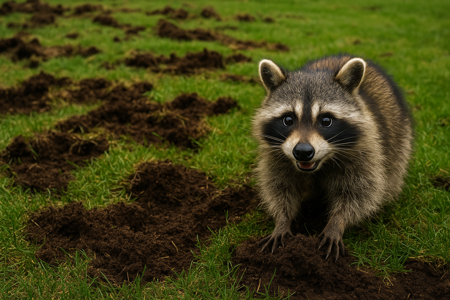Raccoon prowling at night in a yard